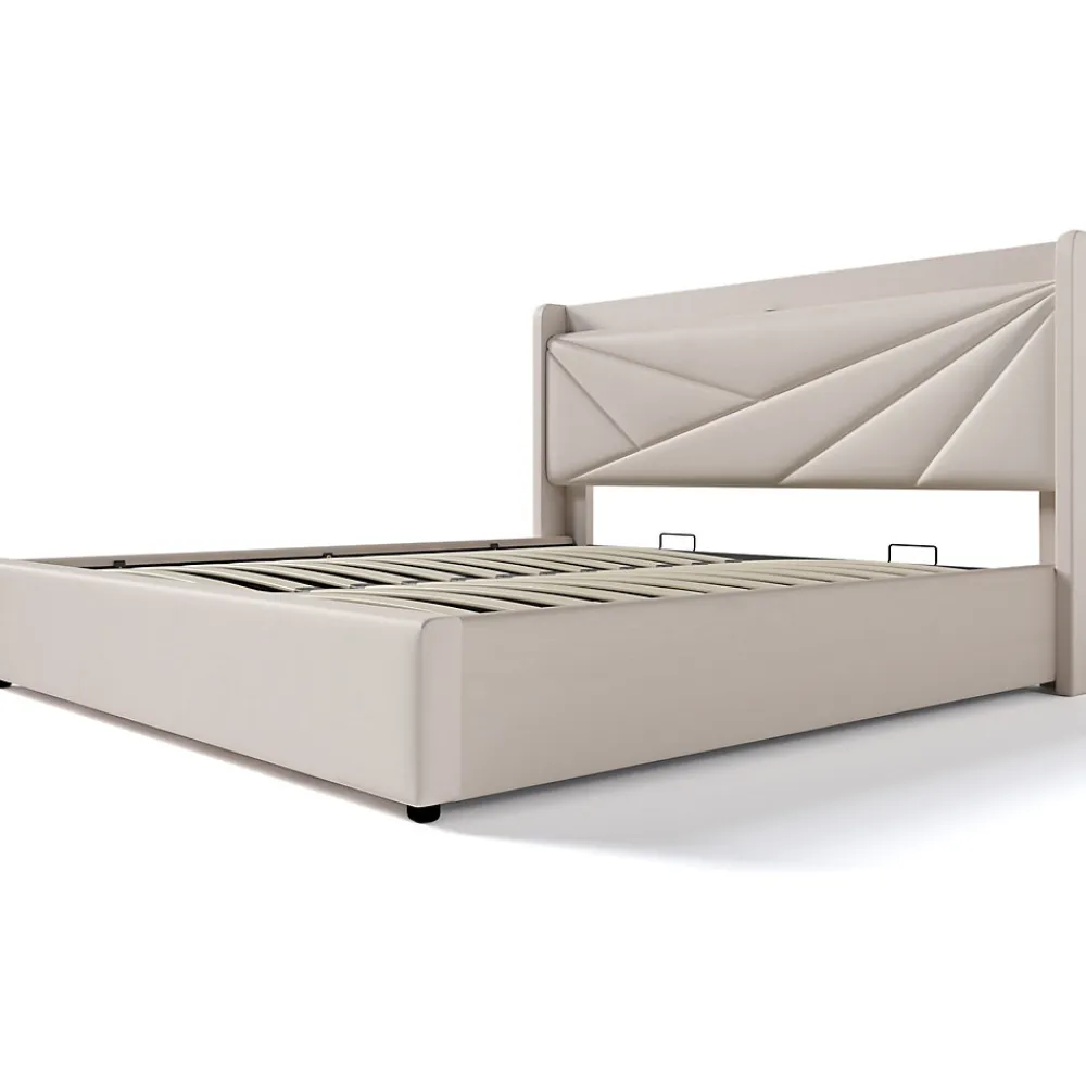 Lit coffre 180 x 200 cm - Lit double capitonné avec USB Type C - Coton et métal - Sans Matelas - Beige>Okwish Clearance
