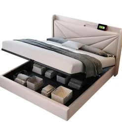 Lit coffre 180 x 200 cm - Lit double capitonné avec USB Type C - Coton et métal - Sans Matelas - Beige><noscript><img width=