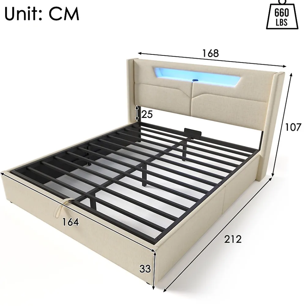 Lit coffre 160 x 200 cm - Lit double avec USB Type-C + LED - Lin - avec Matelas - Beige>Okwish Hot