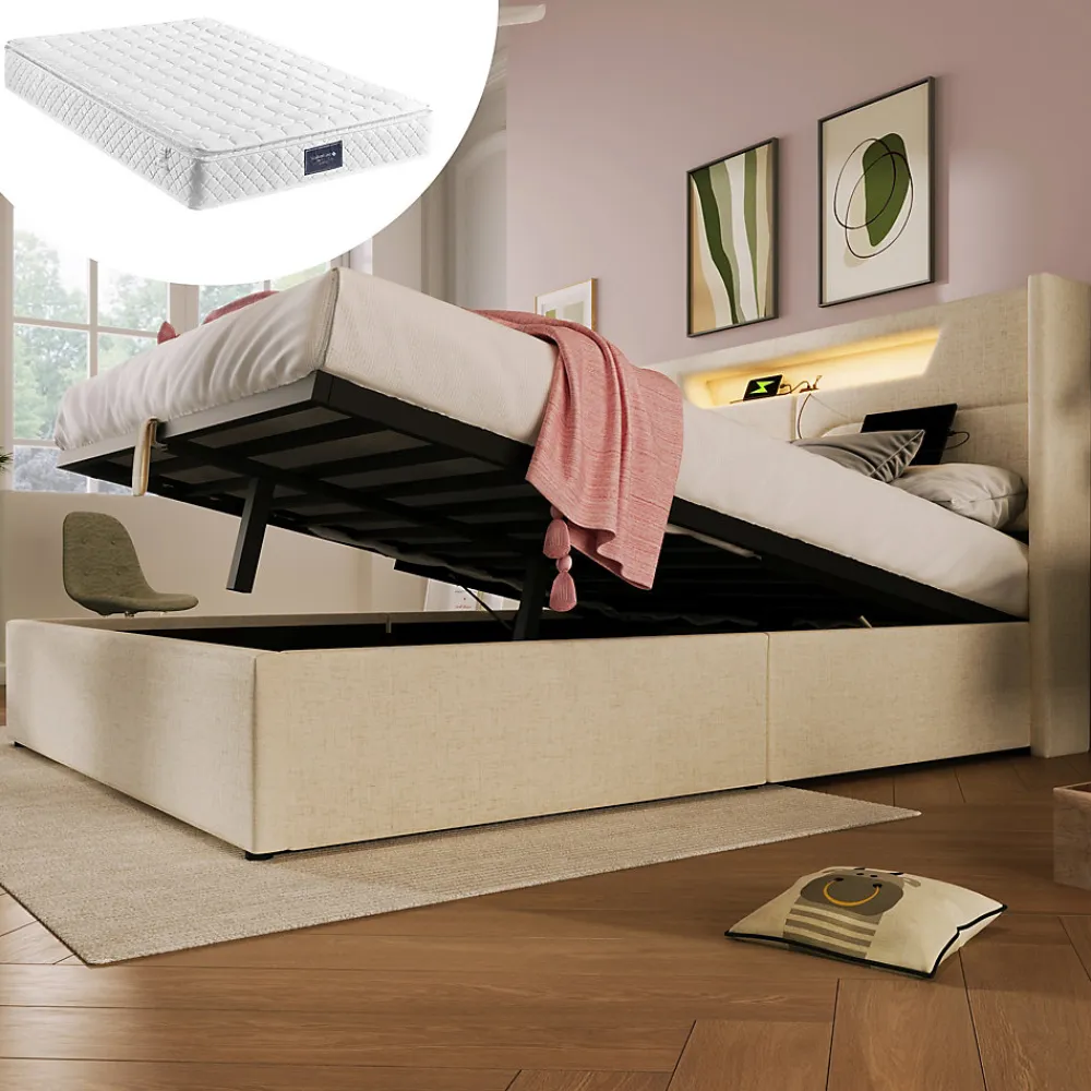 Lit coffre 160 x 200 cm - Lit double avec USB Type-C + LED - Lin - avec Matelas - Beige>Okwish Hot