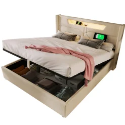 Lit coffre 160 x 200 cm - Lit double avec USB Type-C + LED - Lin - avec Matelas - Beige><noscript><img width=