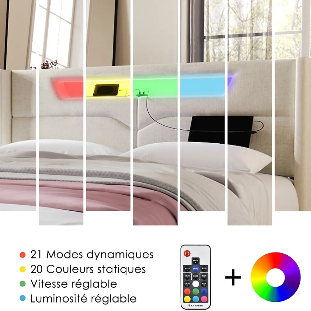 Lit coffre 160 x 200 cm - Lit double avec USB Type-C + LED - Lin - avec Matelas - Beige>Okwish Hot