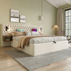 Lit coffre 160 x 200 cm - Lit double avec 2 tables de chevet et lampe de lecture - Velours - avec Matelas - Beige><noscript><img width=