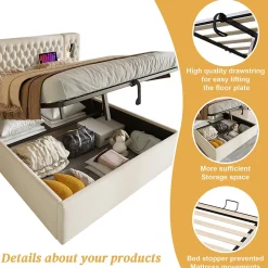 Lit coffre 160 x 200 cm - Lit double avec 2 tables de chevet et lampe de lecture - Velours - avec Matelas - Beige><noscript><img width=