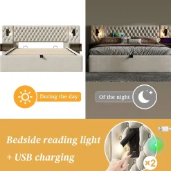 Lit coffre 160 x 200 cm - Lit double avec 2 tables de chevet et lampe de lecture - Velours - avec Matelas - Beige><noscript><img width=