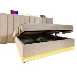 Generique Lit Coffre 180 x 200 Cm - Lit Double Capitonné avec LED et Charge USB-C - Métal, Lin, Bois Massif - Sans Matelas - Beige* Lit Coffre