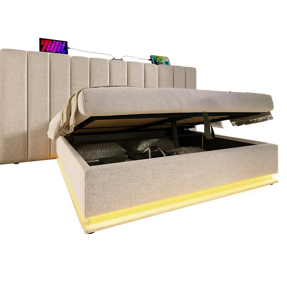 Generique Lit Coffre 180 x 200 Cm - Lit Double Capitonné avec LED et Charge USB-C - Métal, Lin, Bois Massif - Sans Matelas - Beige* Lit Coffre