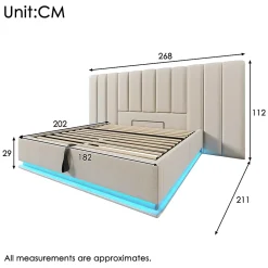 Generique Lit Coffre 180 x 200 Cm - Lit Double Capitonné avec LED et Charge USB-C - Métal, Lin, Bois Massif - Sans Matelas - Beige* Lit Coffre