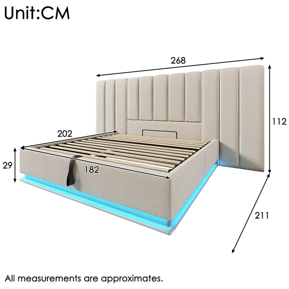 Generique Lit Coffre 180 x 200 Cm - Lit Double Capitonné avec LED et Charge USB-C - Métal, Lin, Bois Massif - Sans Matelas - Beige* Lit Coffre