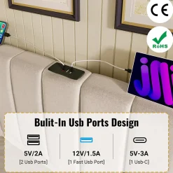 Generique Lit Coffre 180 x 200 Cm - Lit Double Capitonné avec LED et Charge USB-C - Métal, Lin, Bois Massif - Sans Matelas - Beige* Lit Coffre