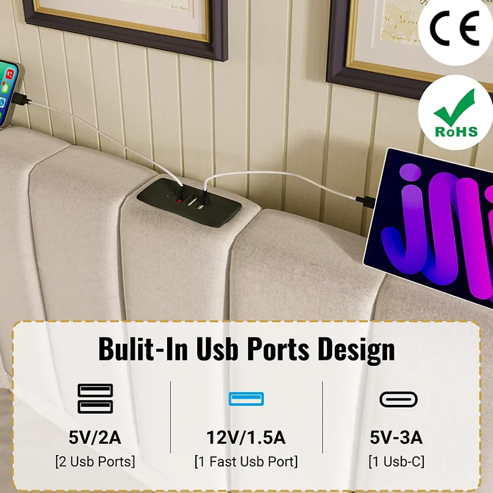 Generique Lit Coffre 180 x 200 Cm - Lit Double Capitonné avec LED et Charge USB-C - Métal, Lin, Bois Massif - Sans Matelas - Beige* Lit Coffre