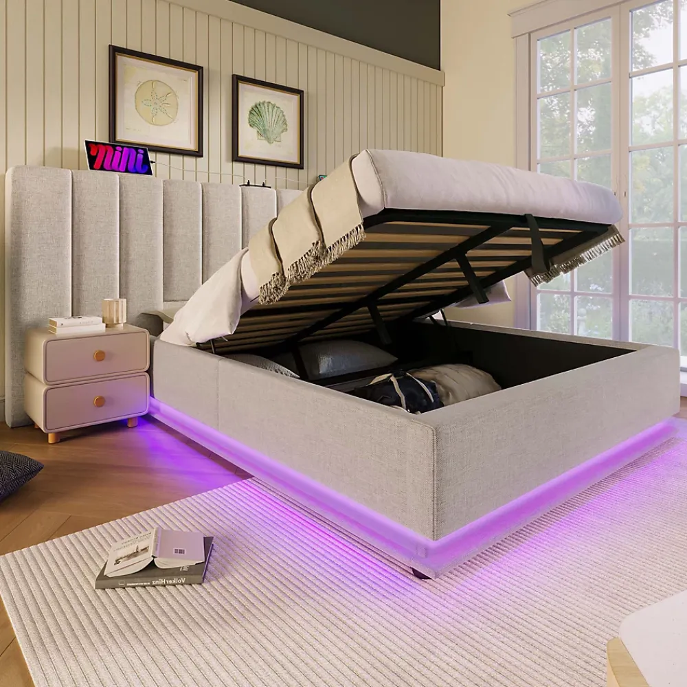 Generique Lit Coffre 180 x 200 Cm - Lit Double Capitonné avec LED et Charge USB-C - Métal, Lin, Bois Massif - Sans Matelas - Beige* Lit Coffre