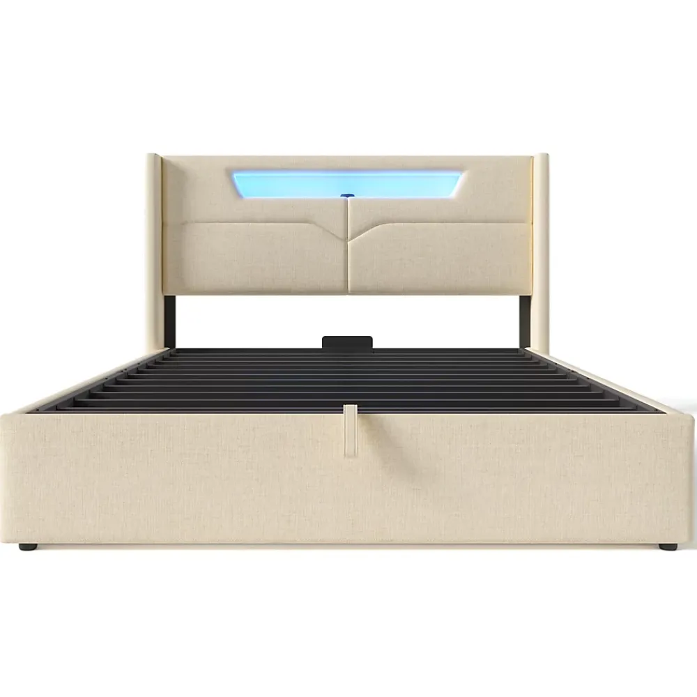 Generique Lit coffre 140 x 200 cm - Lit double avec USB Type-C + Éclairage LED - Lin - Sans Matelas - Beige* Lit Coffre