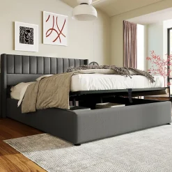 Generique Lit coffre 180 x 200 cm - Lit Double avec Sommier à Lattes - Lin Bois Métal - Sans Matelas - Gris* Lit Coffre