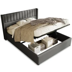 Generique Lit coffre 180 x 200 cm - Lit Double avec Sommier à Lattes - Lin Bois Métal - Sans Matelas - Gris* Lit Coffre