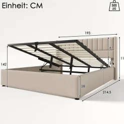 Lit coffre 180 x 200 cm - Lit Double avec Sommier à Lattes - Lin Bois Métal - Sans Matelas - Beige><noscript><img width=