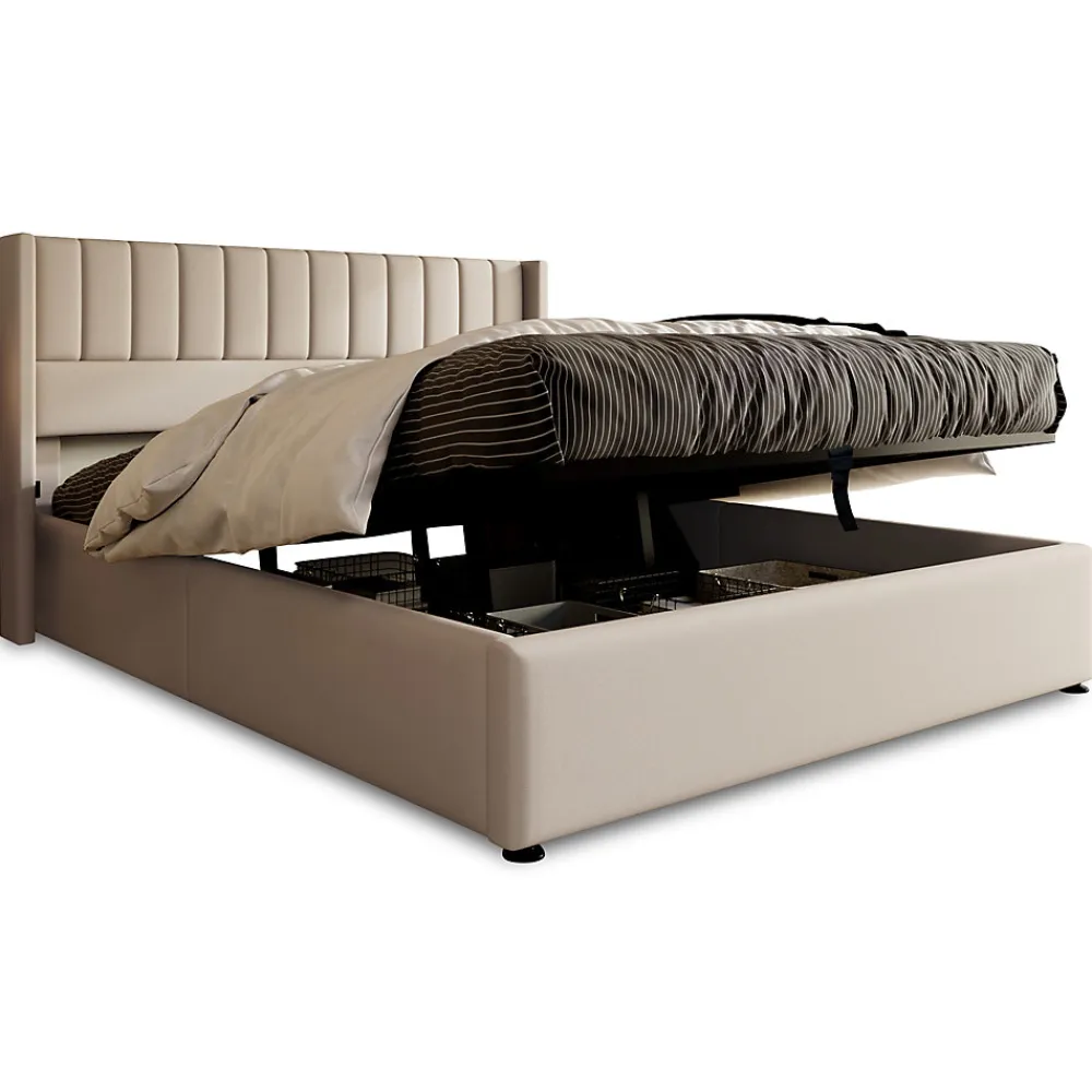 Lit coffre 180 x 200 cm - Lit Double avec Sommier à Lattes - Lin Bois Métal - Sans Matelas - Beige>Generique Online