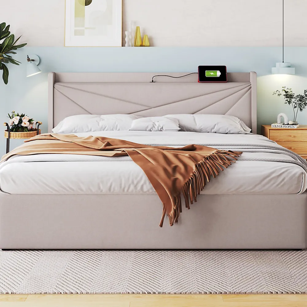 Lit coffre 140 x 200 cm - Lit double capitonné avec sommier à lattes et charge USB Type C - Coton et métal - avec Matelas - Beige>Okwish Online