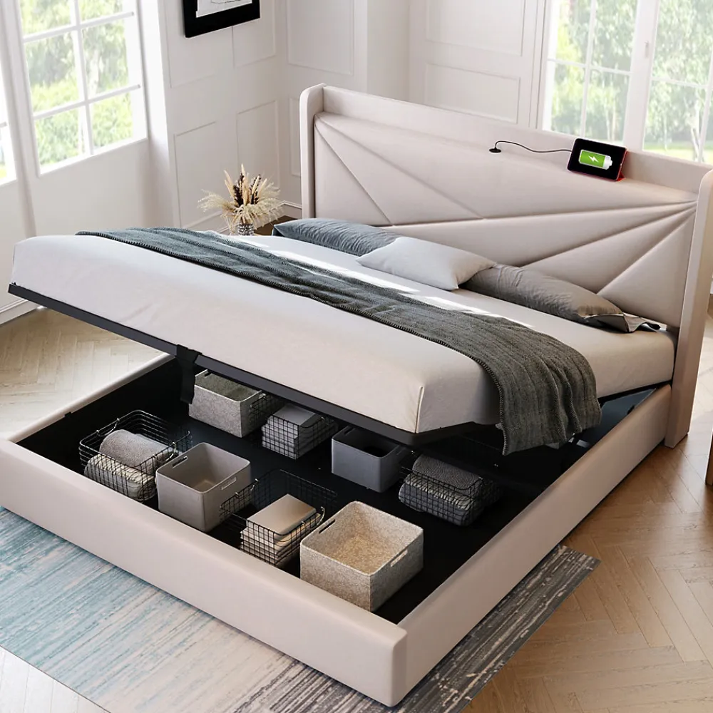 Lit coffre 140 x 200 cm - Lit double capitonné avec sommier à lattes et charge USB Type C - Coton et métal - avec Matelas - Beige>Okwish Online