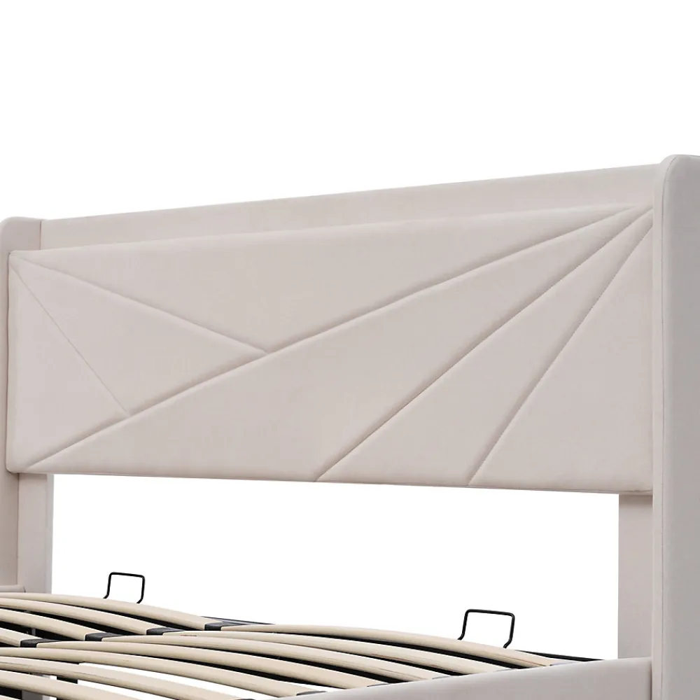 Lit coffre 140 x 200 cm - Lit double capitonné avec sommier à lattes et charge USB Type C - Coton et métal - avec Matelas - Beige>Okwish Online