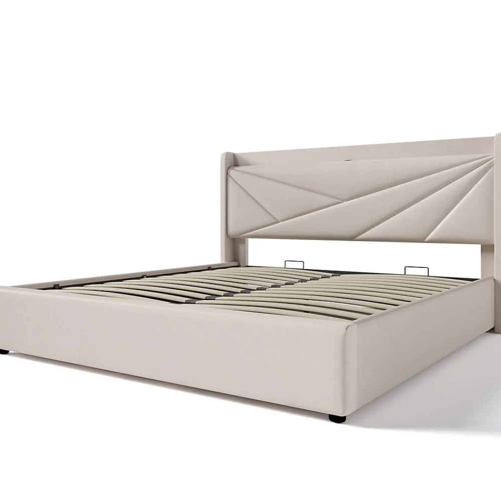 Lit coffre 140 x 200 cm - Lit double capitonné avec sommier à lattes et charge USB Type C - Coton et métal - avec Matelas - Beige>Okwish Online