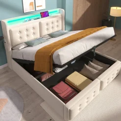 Lit Coffre 140 x 200 Cm - Lit Double avec Tête de Lit LED et Charge USB C - Bois, Coton, Métal - Sans Matelas - Beige>Okwish Clearance