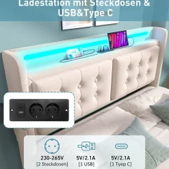 Lit Coffre 140 x 200 Cm - Lit Double avec Tête de Lit LED et Charge USB C - Bois, Coton, Métal - Sans Matelas - Beige><noscript><img width=
