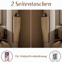 Lit Coffre 140 x 200 Cm - Lit Double avec Tête de Lit LED et Charge USB C - Bois, Coton, Métal - Sans Matelas - Beige><noscript><img width=