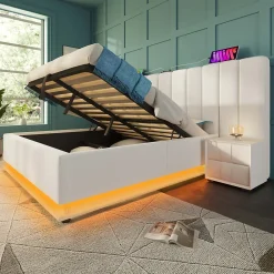 Lit Coffre 160 x 200 Cm - Lit Double Capitonné avec LED et Charge USB-C - Métal, PU, Bois Massif - Sans Matelas - Blanc><noscript><img width=