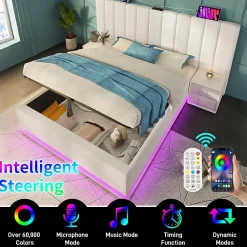 Lit Coffre 160 x 200 Cm - Lit Double Capitonné avec LED et Charge USB-C - Métal, PU, Bois Massif - Sans Matelas - Blanc><noscript><img width=