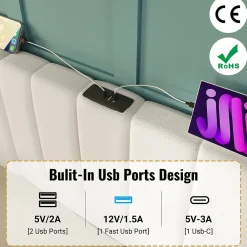 Lit Coffre 160 x 200 Cm - Lit Double Capitonné avec LED et Charge USB-C - Métal, PU, Bois Massif - Sans Matelas - Blanc><noscript><img width=