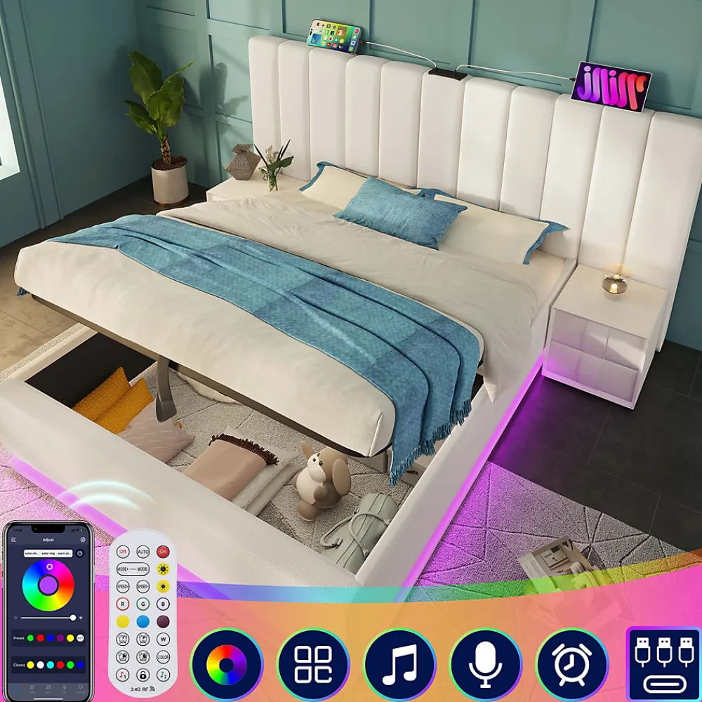 Lit Coffre 180 x 200 Cm - Lit Double avec LED et Charge USB-C - Métal, Similicuir, Bois Massif - Sans Matelas - Blanc>Generique Outlet