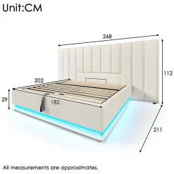 Lit Coffre 180 x 200 Cm - Lit Double avec LED et Charge USB-C - Métal, Similicuir, Bois Massif - Sans Matelas - Blanc><noscript><img width=