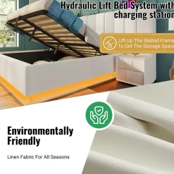 Lit Coffre 180 x 200 Cm - Lit Double avec LED et Charge USB-C - Métal, Similicuir, Bois Massif - Sans Matelas - Blanc><noscript><img width=
