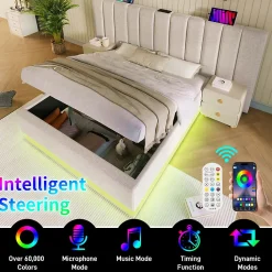 Lit Coffre 160 x 200 Cm - Lit Double avec LED et Charge USB-C - Métal, Lin, Bois Massif - Sans Matelas - Beige><noscript><img width=