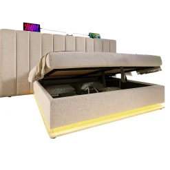 Lit Coffre 160 x 200 Cm - Lit Double avec LED et Charge USB-C - Métal, Lin, Bois Massif - Sans Matelas - Beige><noscript><img width=