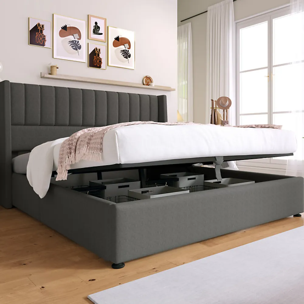 Generique Lit coffre 140 x 200 cm - Lit Double avec Sommier à Lattes - Lin Bois Métal - Sans Matelas - Gris* Lit Coffre