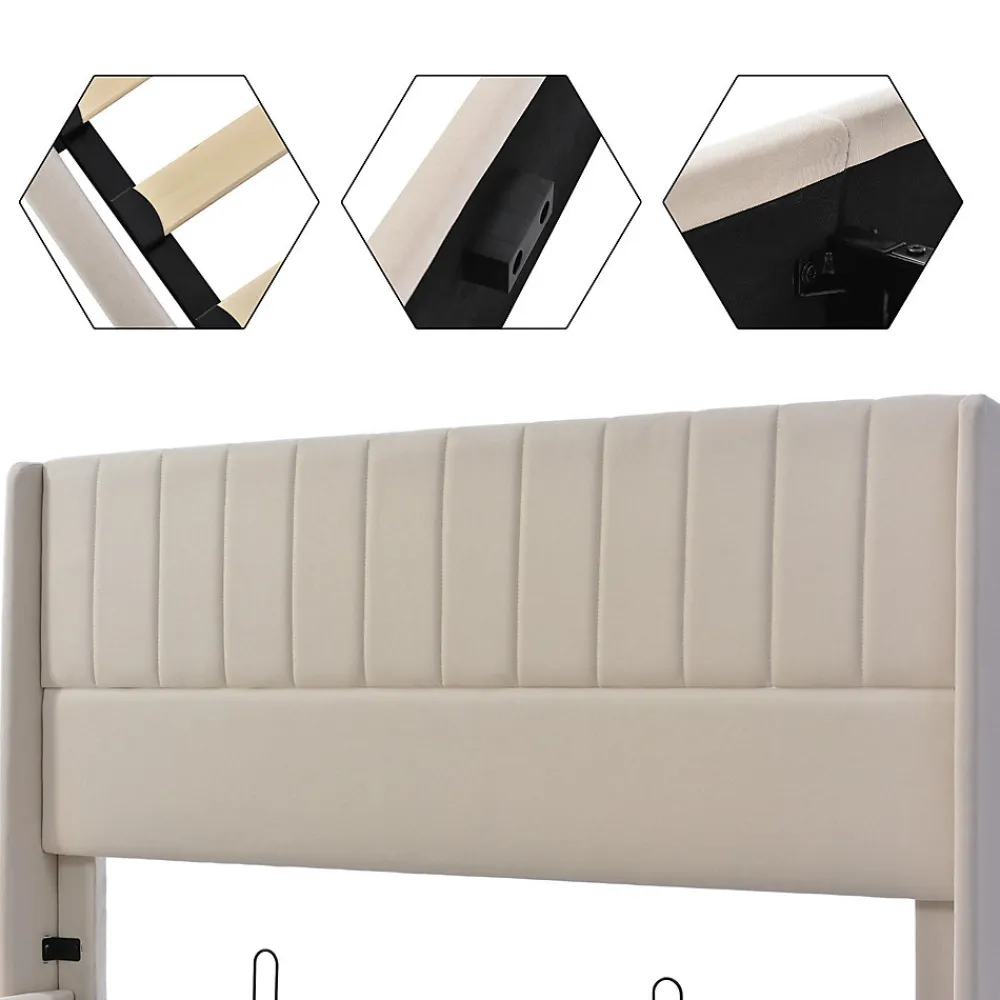 Generique Lit coffre 140 x 200 cm - Lit Double avec Sommier à Lattes - Lin Bois Métal - Sans Matelas - Gris* Lit Coffre