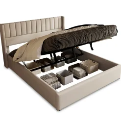 Generique Lit coffre 140 x 200 cm - Lit Double avec Sommier à Lattes - Lin Bois Métal - Sans Matelas - Gris* Lit Coffre