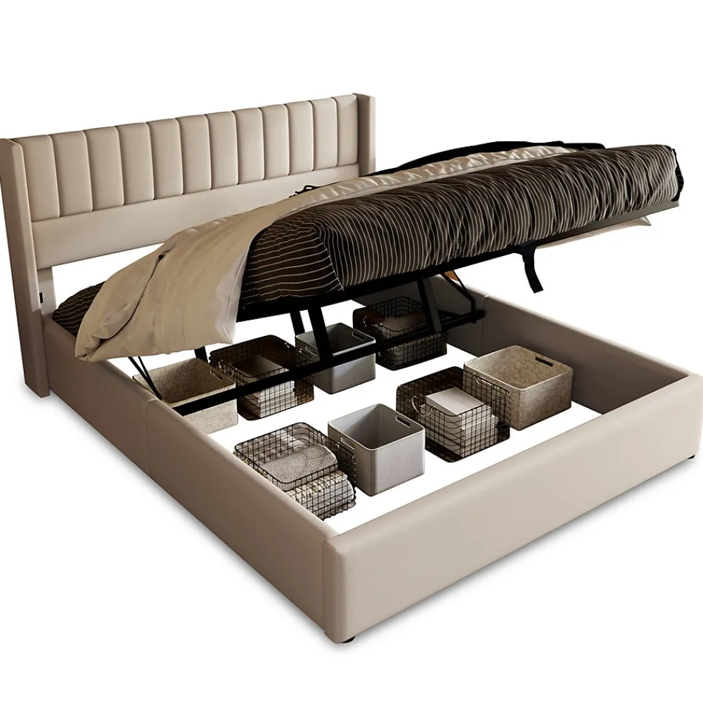 Generique Lit coffre 140 x 200 cm - Lit Double avec Sommier à Lattes - Lin Bois Métal - Sans Matelas - Gris* Lit Coffre