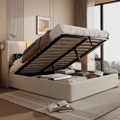 Lit Coffre 160 x 200 Cm - Lit Double avec Lampe de Lecture et Charge USB - Bois Massif et PU - Sans Matelas - Beige>Okwish Best