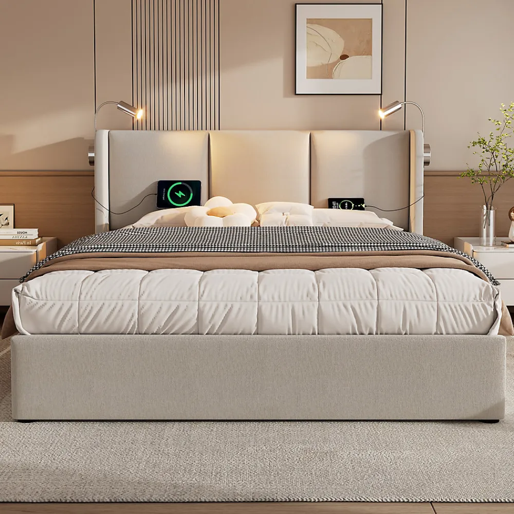 Lit Coffre 160 x 200 Cm - Lit Double avec Lampe de Lecture et Charge USB - Bois Massif et PU - Sans Matelas - Beige>Okwish Best