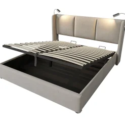 Lit Coffre 160 x 200 Cm - Lit Double avec Lampe de Lecture et Charge USB - Bois Massif et PU - Sans Matelas - Beige><noscript><img width=