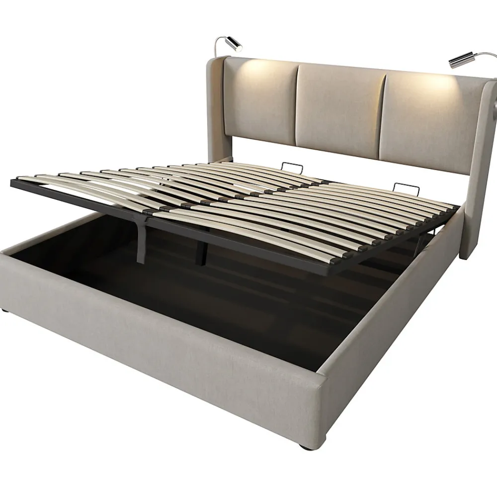 Lit Coffre 160 x 200 Cm - Lit Double avec Lampe de Lecture et Charge USB - Bois Massif et PU - Sans Matelas - Beige>Okwish Best
