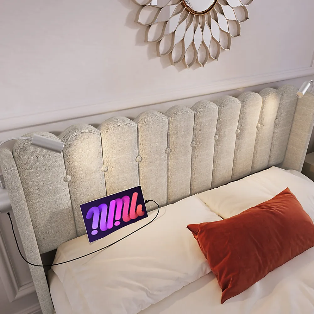Lit Coffre 160 x 200 Cm - Lit Double avec Lampe de Lecture et Ports USB - Lin - Sans Matelas - Beige>Okwish New