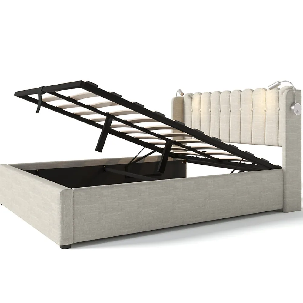 Lit Coffre 160 x 200 Cm - Lit Double avec Lampe de Lecture et Ports USB - Lin - Sans Matelas - Beige>Okwish New