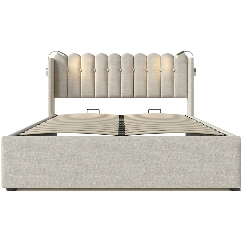 Lit Coffre 160 x 200 Cm - Lit Double avec Lampe de Lecture et Ports USB - Lin - Sans Matelas - Beige>Okwish New