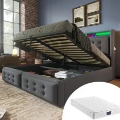 Lit Coffre 160 x 200 Cm - Lit Double avec Tête de Lit LED et Charge USB C - Bois, Coton, Métal - avec Matelas - Gris>Okwish Outlet
