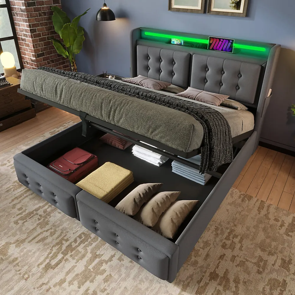 Lit Coffre 160 x 200 Cm - Lit Double avec Tête de Lit LED et Charge USB C - Bois, Coton, Métal - avec Matelas - Gris>Okwish Outlet