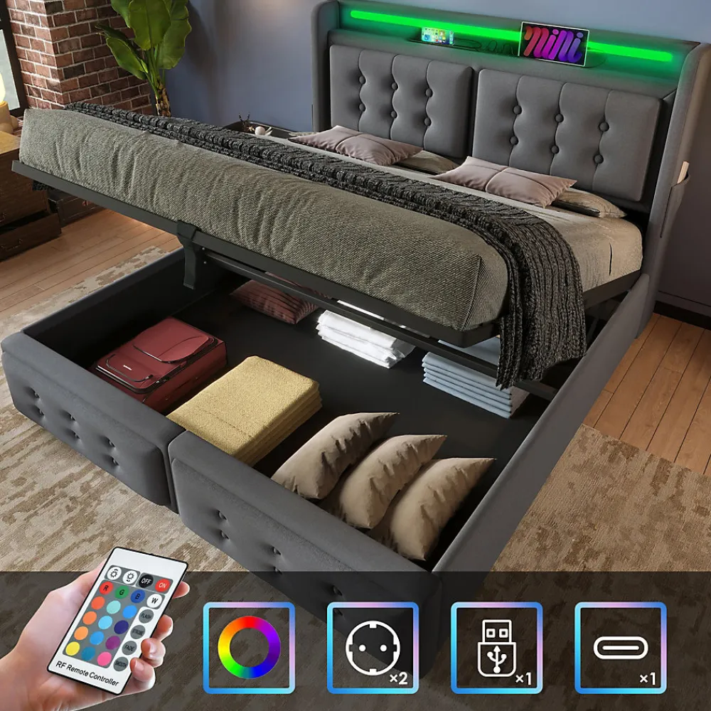 Lit Coffre 160 x 200 Cm - Lit Double avec Tête de Lit LED et Charge USB C - Bois, Coton, Métal - avec Matelas - Gris>Okwish Outlet